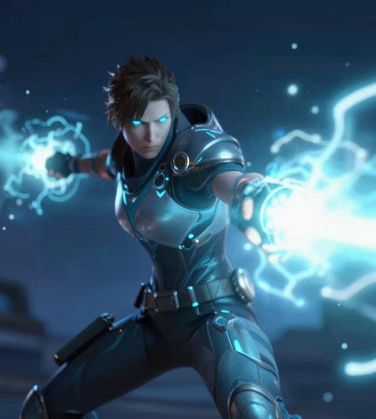 An action shot from Solstice showing a futuristic protagonist using a light-based tool. The scene is full of glowing blue and white energy (#A7BCCB, #E0E8F0) with deep navy shadows (#1A202C). Professional game photography style.