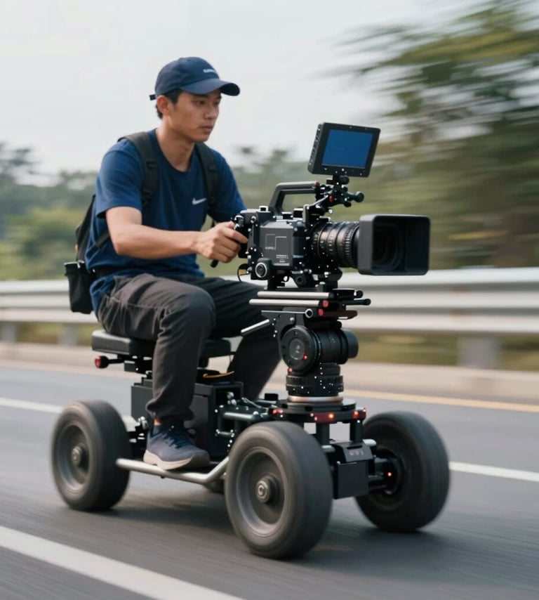 Behind-the-scenes shot of a professional camera operator on a high-speed tracking vehicle. The scene is dynamic with a shallow depth of field, using colors from the brand palette #1B263B and #E0E1DD. Sophisticated and high-energy.