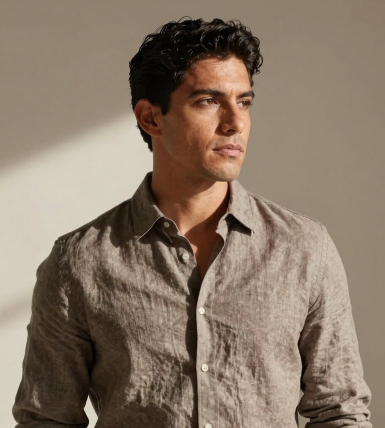 A sophisticated portrait of a Latinoamericano / Hispano person in a modern minimalist studio, soft morning light hitting from the side, wearing a taupe linen shirt, neutral beige background, high-end editorial photography style.