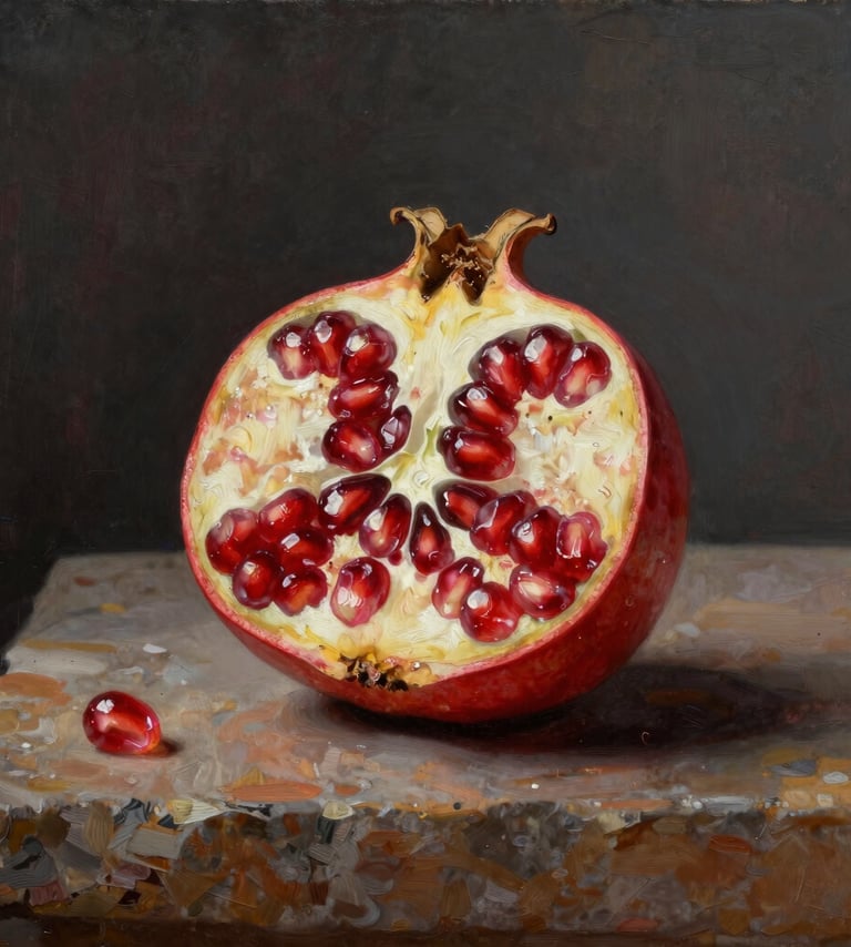 A sophisticated oil painting of a single halved pomegranate on a warm stone-colored stone ledge. The background is a deep charcoal. Lighting is high-contrast, mimicking a professional gallery spotlight, highlighting the rich textures of the fruit.