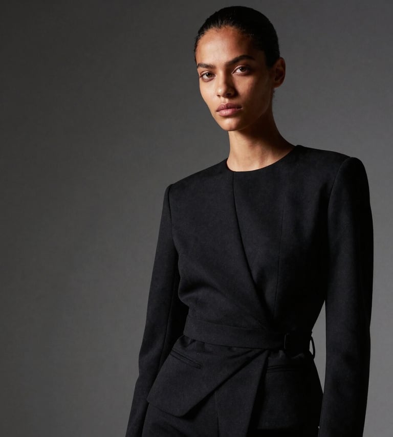 An editorial fashion portrait of a Brazilian model wearing a structured black outfit. Minimalist studio setting with dramatic side lighting and deep shadows. Professional, clean, and artistic style.
