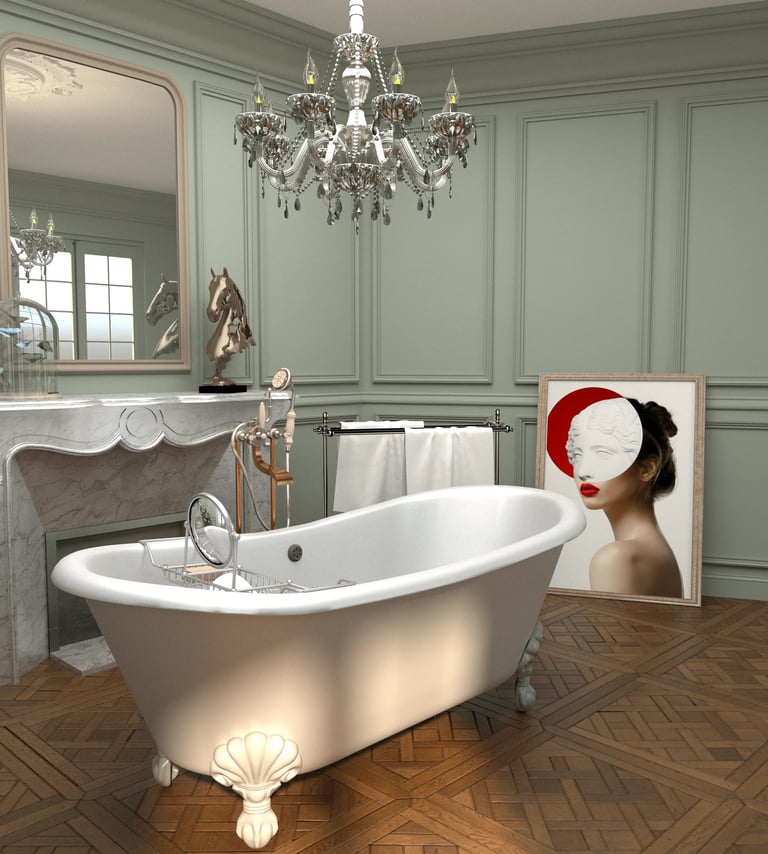 Baignoire ilot sur parquet d'origine dans un appartement haussmannien, Nina Poma Studio.