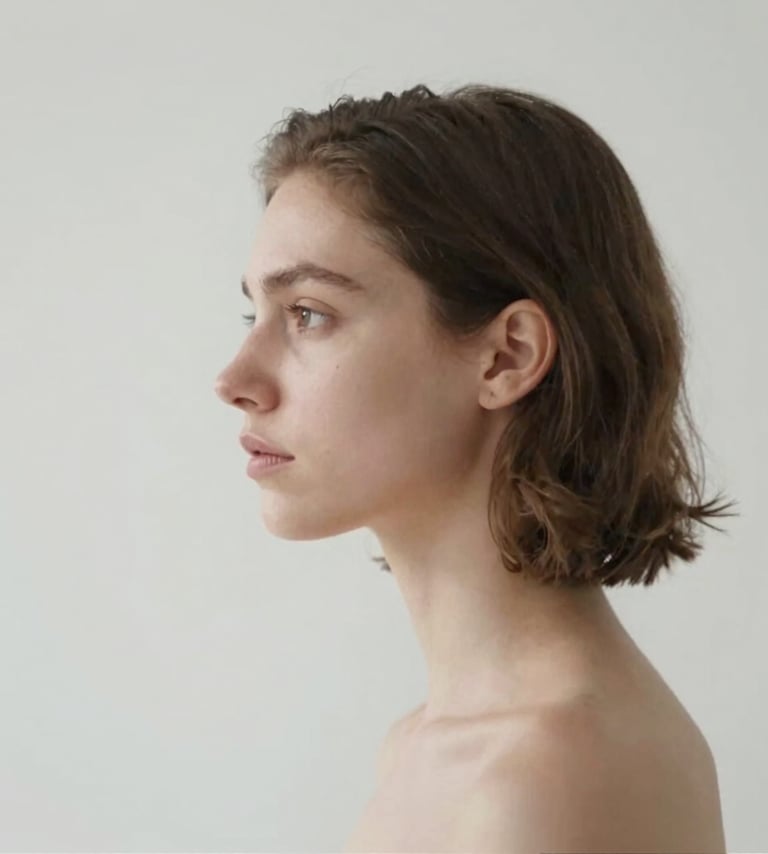 A high-fashion hero shot featuring a subject in soft profile. The lighting creates a gentle halo effect in #F5F4F0, while the shadows fall into #6B625E. Artistic, clean, and professional photography style.