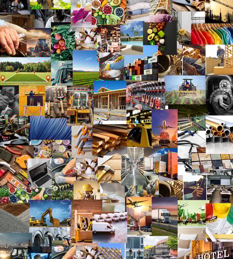 Colagem de imagens com equipamentos de construção, simbolizando infraestrutura e recursos.