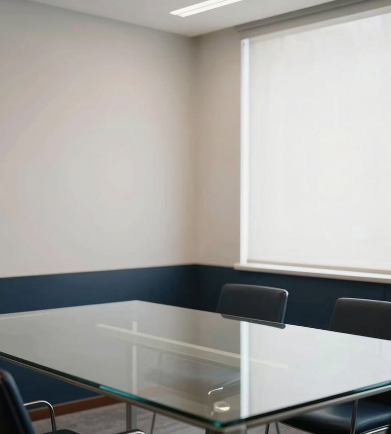 A high-end, contemporary South American / Brazilian office interior with soft off-white walls and dark navy blue accents. A glass table reflects professional lighting, emphasizing an atmosphere of expertise and elegance.