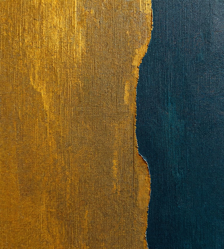 A detailed macro photograph of textured canvas showing layers of rich ochre gold and deep charcoal teal, representing a blend of historic and modern techniques, in a brightly lit Northern European / Welsh / British art workshop.