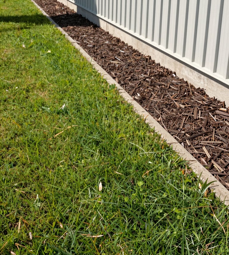 Slightly elevated angle looking down a freshly edged lawn border along a commercial property perimeter, mulch bed running along the building foundation with clean crisp edges, mid-morning natural light casting short shadows, no people, equipment visible in the far background