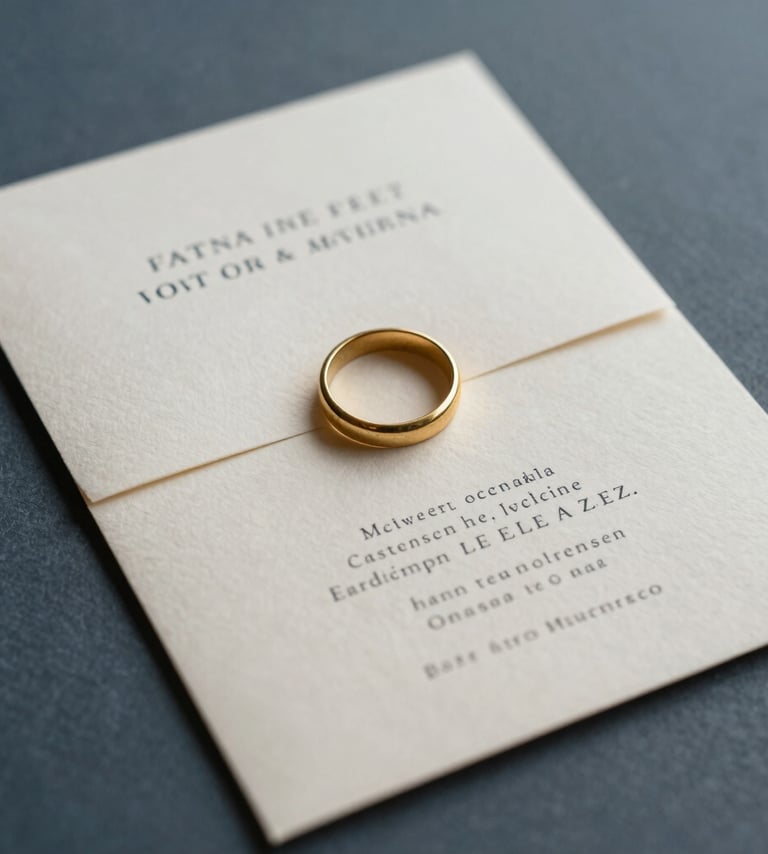 A close-up photography of a luxury wedding invitation on textured cream paper, paired with a vintage gold ring, soft natural morning light, minimalist composition, slate blue and cream color palette, Hispanic setting.