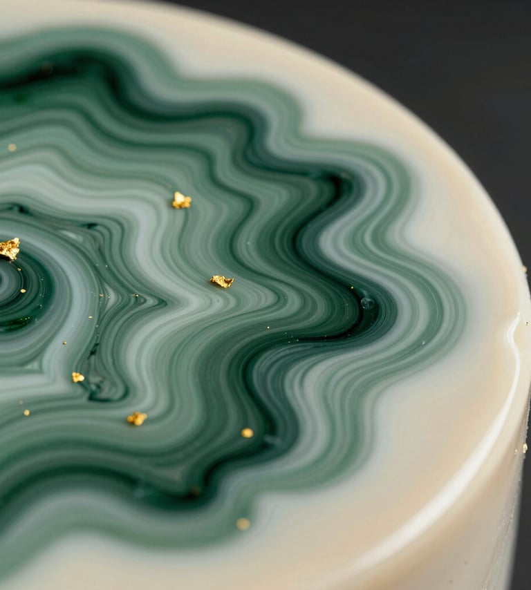 A macro photograph of high-gloss resin art. Swirls of Deep Forest Green and Sage Green pigments blending into a Soft Cream base with tiny suspended gold leaf flakes. Professional studio lighting in an International / Global gallery setting.