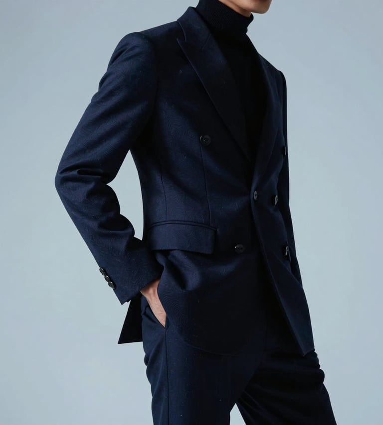An editorial photography shot of a high-fashion silhouette against a minimalist light blue-grey background in a North American / US studio. The subject's pose is sharp and angular, wearing structured navy garments. The lighting is high-contrast, highlighting the sophisticated textures of the clothing.