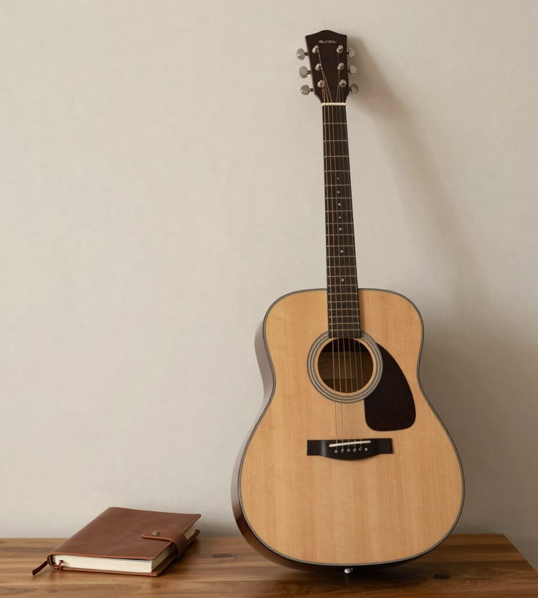 A sophisticated professional photograph of a minimalist home studio featuring an acoustic guitar leaning against a cream wall and a leather-bound notebook on a wooden desk. Palette colors: cream, taupe, and dark brown. International / Western setting.