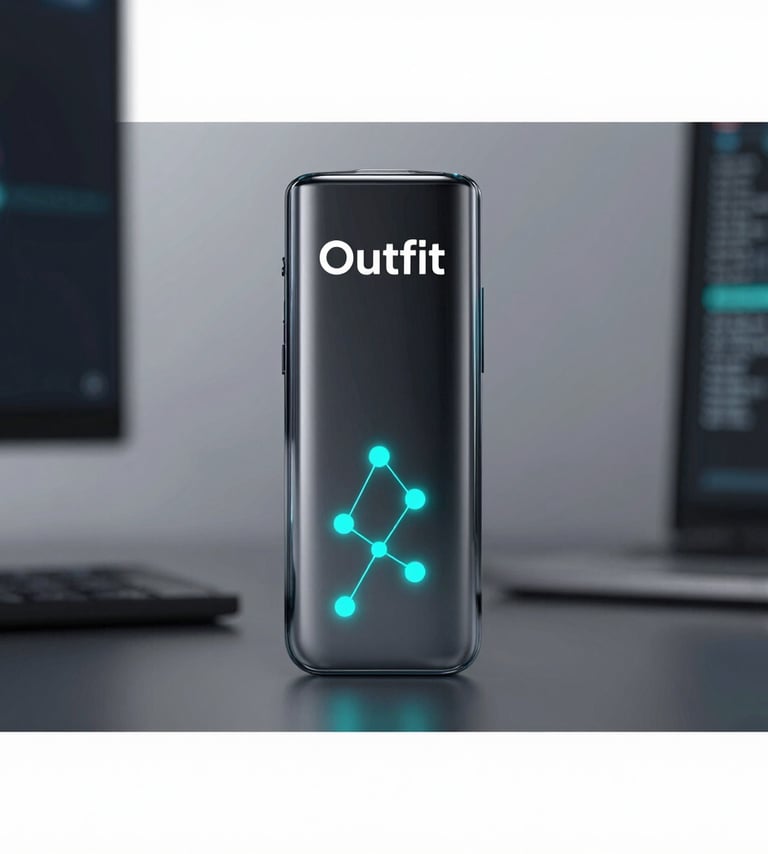 A sleek, handheld glass device showcasing a minimalist UI with glowing cyan nodes and sharp Outfit typography. The lighting is sophisticated, with a blurred tech-studio background, incorporating #E6EFF5 and #7A8C9E tones.