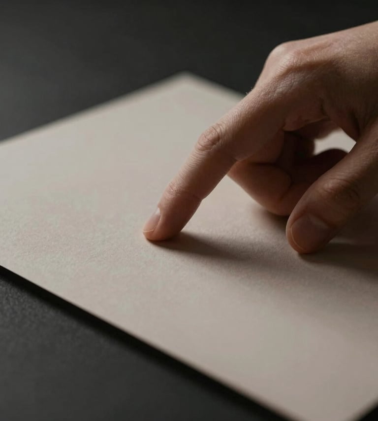 Artistic close-up of a hand emerging from darkness, touching a premium textured paper, with soft warm lighting and a sophisticated palette of #000000 and #B5A591.