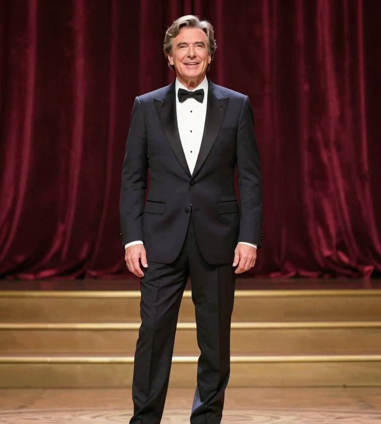A sophisticated full-length portrait of a world-famous Italian tenor performing on a grand stage. He wears a tailored charcoal tuxedo. The background features blurred, rich burgundy velvet curtains and warm golden stage lighting. The mood is triumphant and elegant.