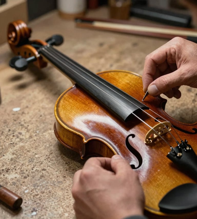 A detailed shot of a luthier's hand adjusting a violin in a workshop. The focus is on the craftsmanship and the texture of the wood. Warm lighting, professional and cultural aesthetic. Colors: dark ebony and muted stone brown. Southern European / Spanish artisan setting.