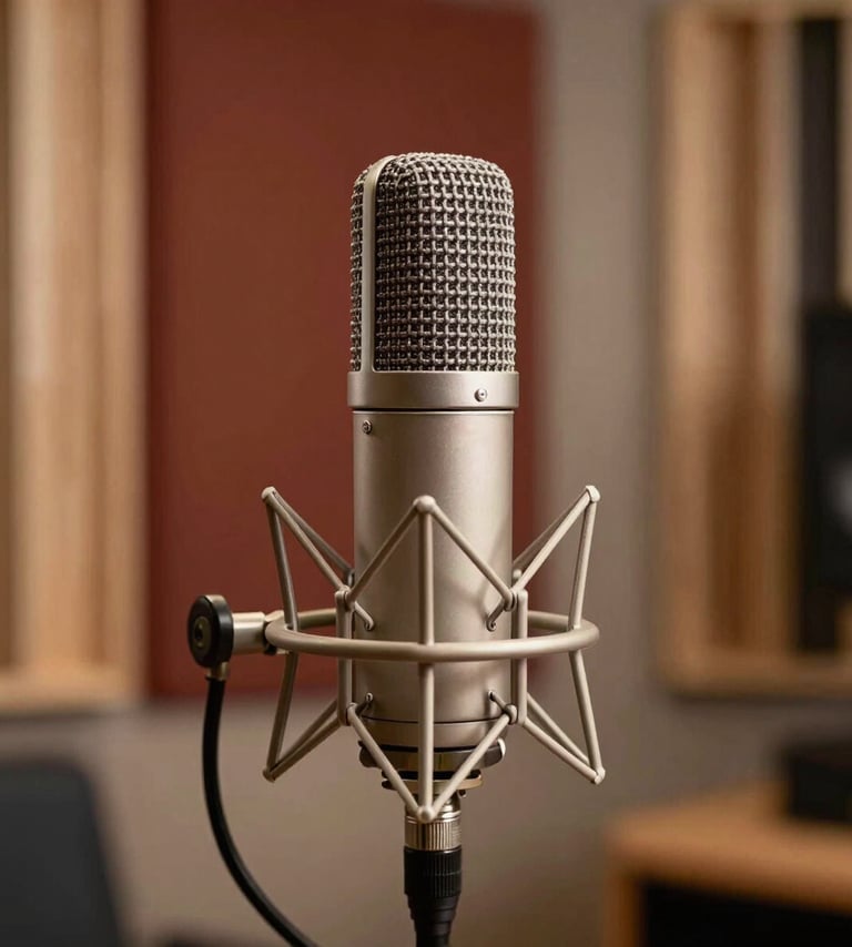 A professional studio shot of a vintage condenser microphone in a warm, inviting room. The lighting is soft, featuring deep espresso shadows and soft cream highlights. The background shows blurred acoustic wooden panels in terracotta tones, suggesting a premium recording environment.
