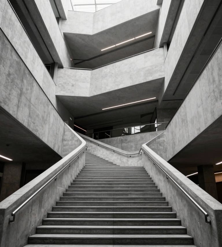 A multi-level modern concrete interior illustrating structured methodology for IT architecture.