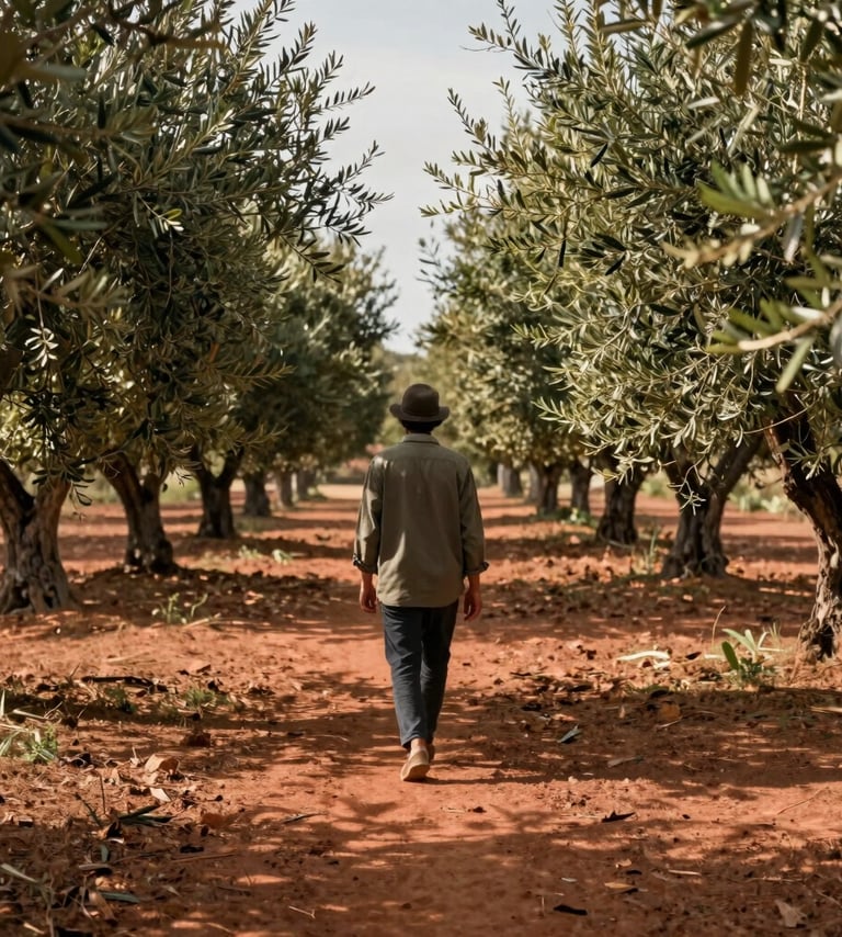 Lifestyle photography of a person walking through an ancient Spanish olive grove, sunlight filtering through the leaves. The mood is calm and personal, with a cinematic aesthetic and warm terracotta highlights.
