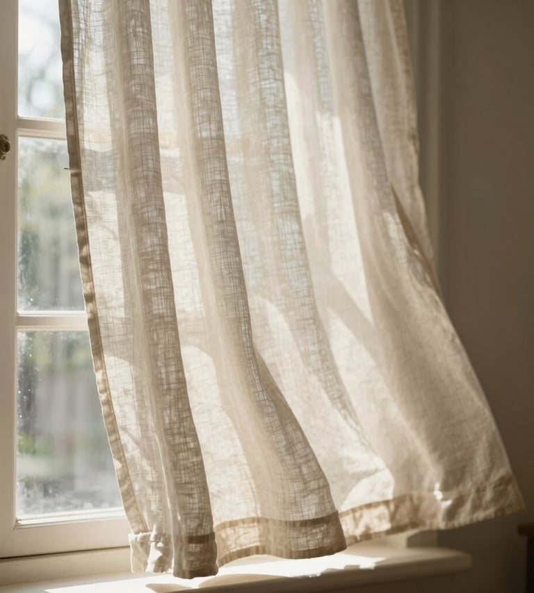 A vertical shot of a vintage linen curtain billowing in a soft breeze by an open window. Sunlight filters through the fabric in tones of #F5F0E1 and #C4B29A. The image captures a serene, fleeting moment of domestic elegance.