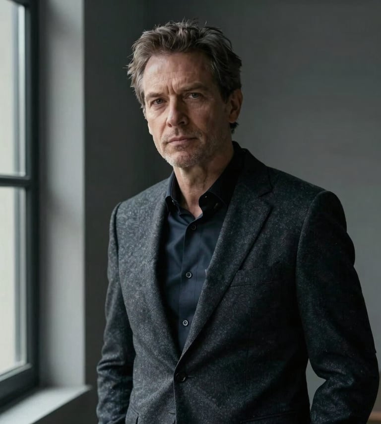 A sophisticated architectural portrait of a man in his late 40s in a minimalist studio setting. Soft natural lighting from a side window, charcoal tones in the background, professional and thoughtful expression. Editorial style photography.