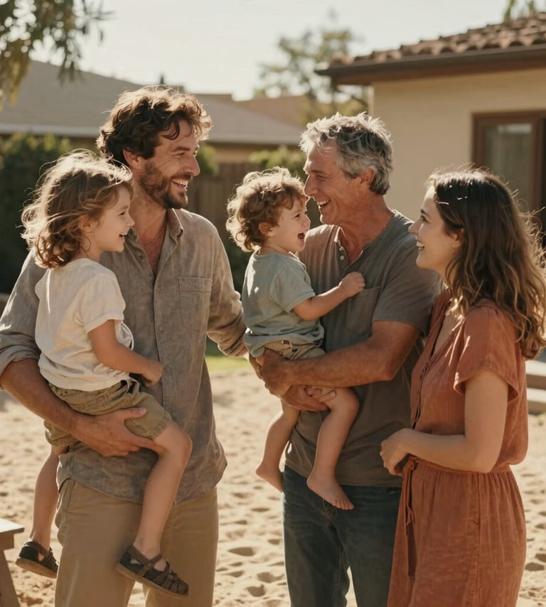 A candid lifestyle photograph of a family laughing together in a sun-drenched North American / US backyard. The lighting is warm and cinematic, featuring soft sand tones in the environment and terracotta accents in the clothing.