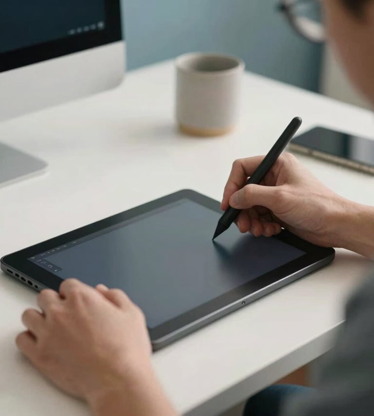A professional designer's hands using a stylus on a creative tablet in a clean US-based studio environment, with a blurred focus on a sleek workspace using an off-white and muted blue theme.