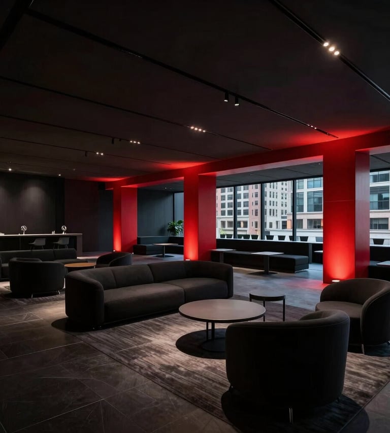 A professional wide-angle photograph of a sleek, modern event space in a North American city. The lighting is low with vibrant red architectural accents. Deep black shadows and minimalist furniture provide a striking, professional contrast.
