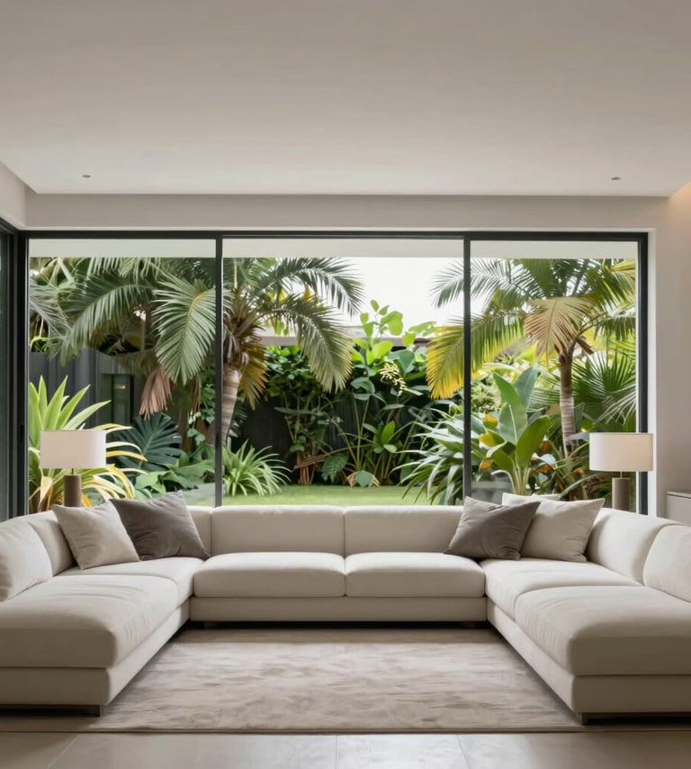 Architectural photography of a minimalist living room in Recife. Large floor-to-ceiling windows looking out to lush tropical greenery. The interior features furniture in soft off-white and light silver gray. High-quality lighting, clean lines, and sophisticated contemporary atmosphere.