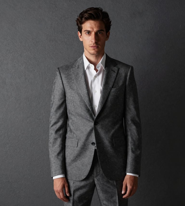 Retrato de alta gama de una persona con traje a medida contra una pared gris oscuro texturizada, luz lateral suave creando sombras dramáticas, estilo elegante del sur de Europa.