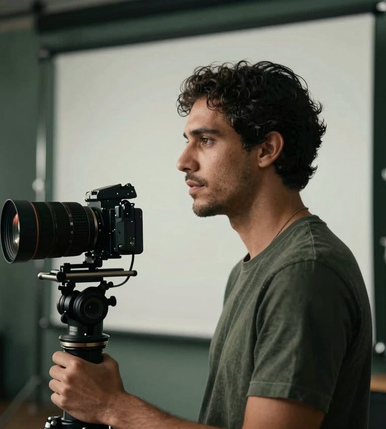 A sophisticated profile of a filmmaker in a modern South American / Brazilian production studio, surrounded by subtle Deep Charcoal Green and Pearl Mist lighting, reflecting a professional and artistic mood.