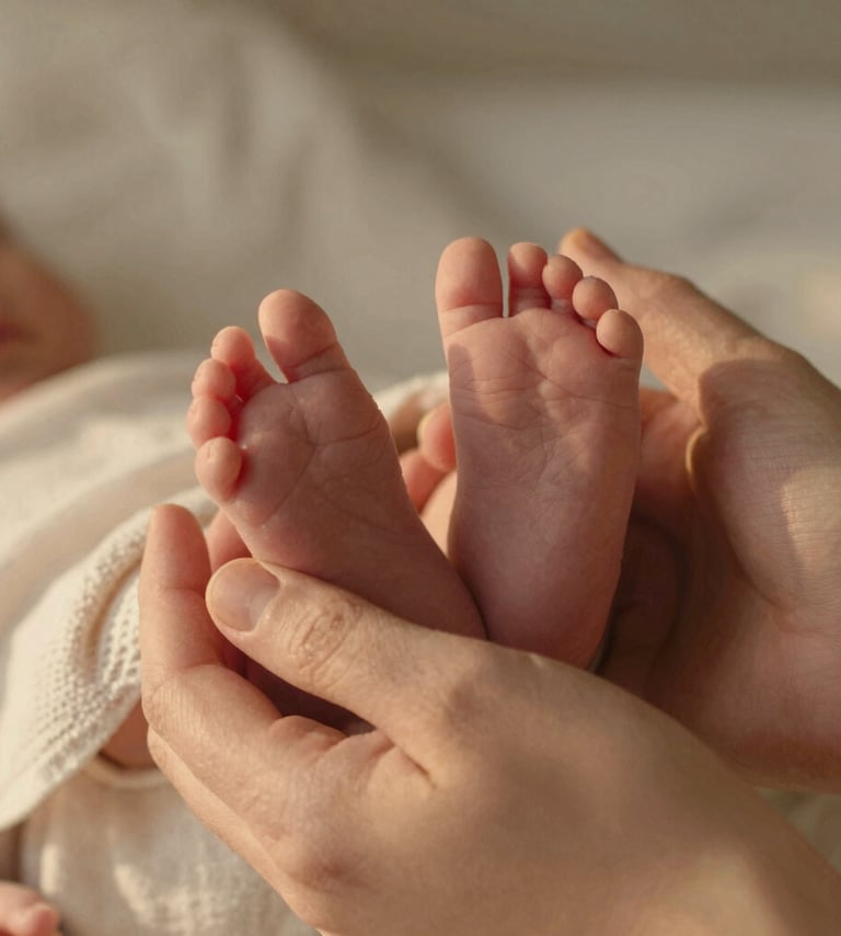 A cinematic close-up of a newborn's tiny feet resting in a parent's hands. The lighting is soft and golden, suggesting a sun-drenched afternoon. The textures of a #F8F0E3 linen blanket are visible. The mood is intimate, authentic, and filled with warmth.