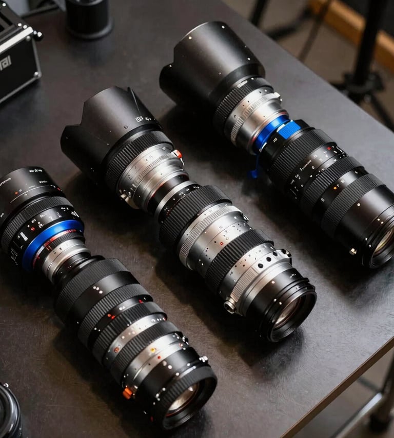 A top-down photographic view of professional film equipment and lenses arranged on a dark table in a creative studio. The lighting is soft and artistic, using steel blue accents to highlight the precision of the tools.