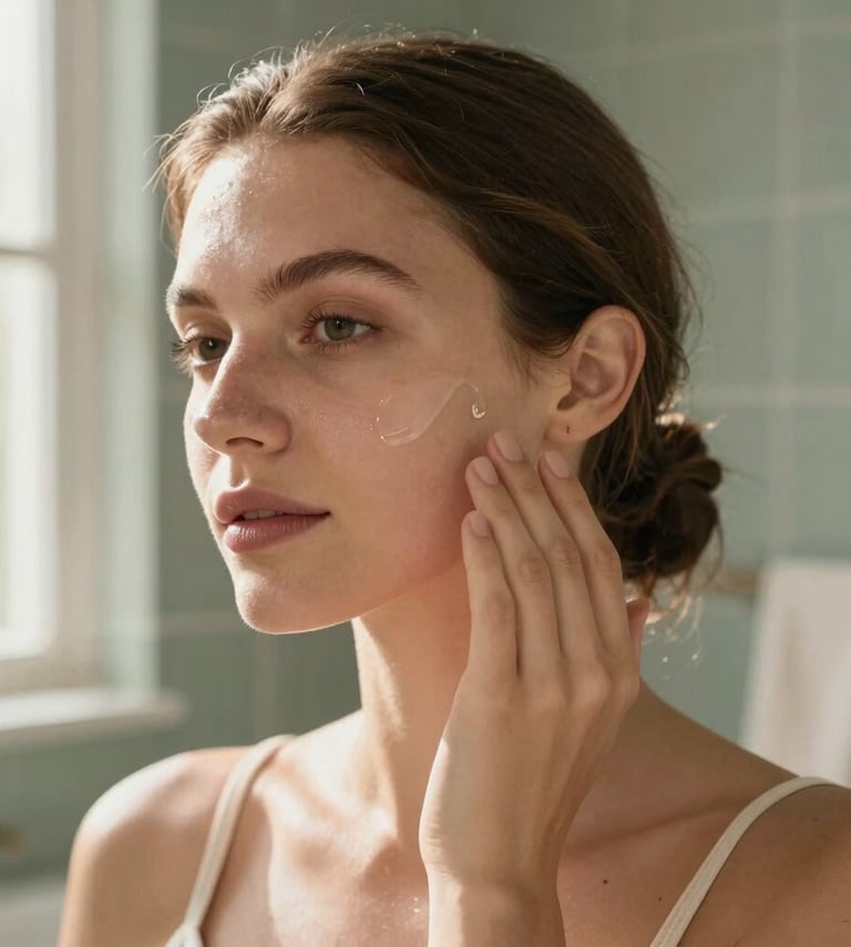 Vertical lifestyle shot of a woman with natural skin applying a clear serum drop to her cheek. Soft morning light from a side window creates a warm, personal glow. Background features Muted Sage bathroom accents and a Warm Off-White towel.