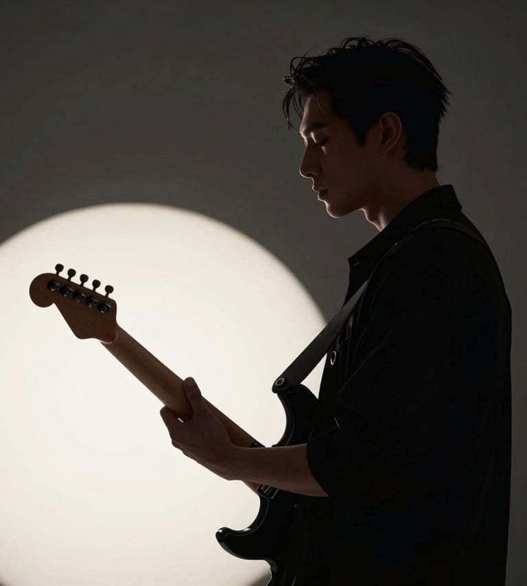 Cinematic side-profile portrait of a male musician holding an electric guitar in a dark studio. Soft off-white light highlights the silhouette against a dark charcoal background, creating a moody, sophisticated atmosphere.