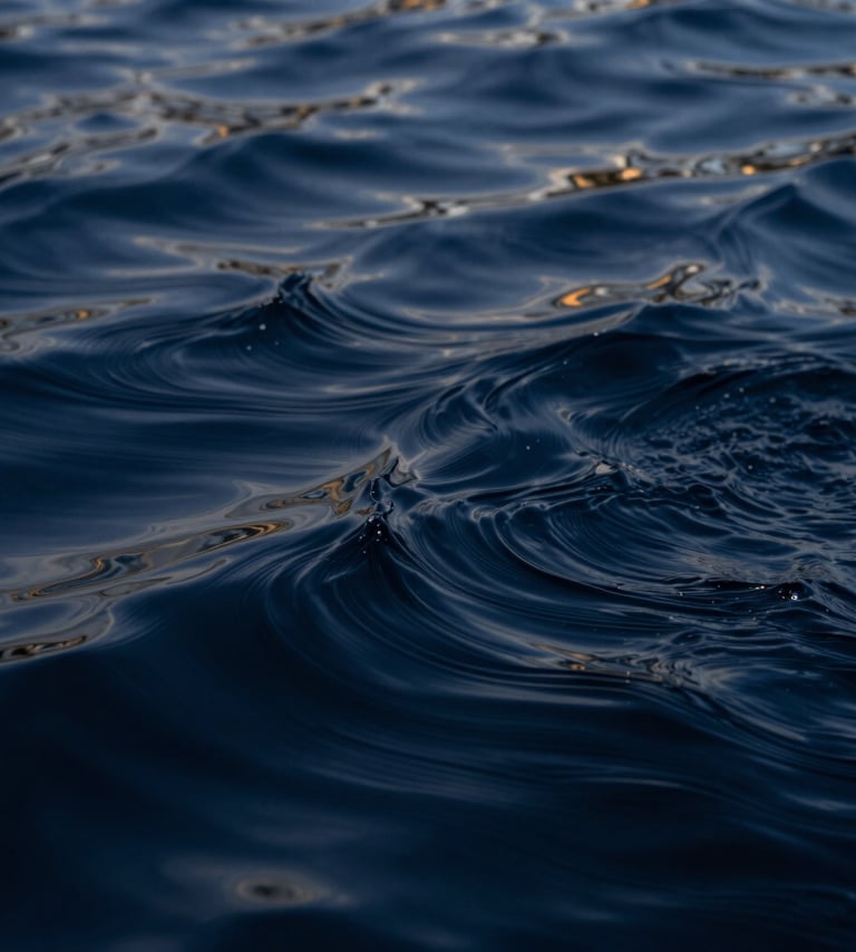 A sophisticated abstract photograph of swirling liquid forms in Midnight Navy and Deep Prussian Blue. The lighting is soft and contemplative, highlighting fluid ripples that look like data streams. Accents of Muted Gold shimmer within the liquid like caught light.