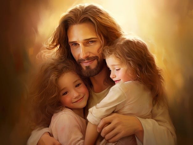 Jesus smiling with two children in his arms