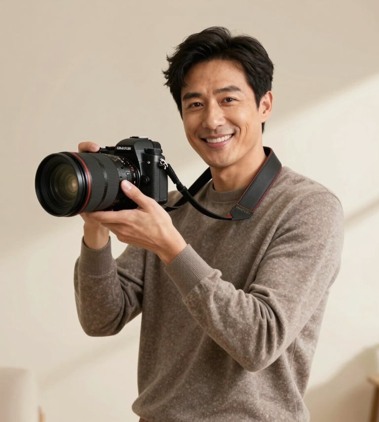 A warm, professional portrait of a friendly photographer in a North American / US setting. The photographer is wearing a taupe sweater and holding a high-end camera, standing against a soft cream background with elegant, natural side-lighting.