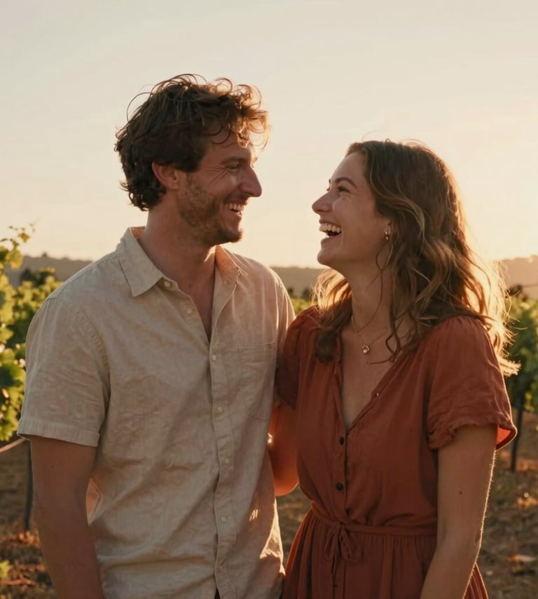 A vertical cinematic portrait of a happy couple laughing together in a North American / US vineyard at sunset. The lighting is sun-drenched with warm terracotta and soft sand highlights, emphasizing authentic human emotion.