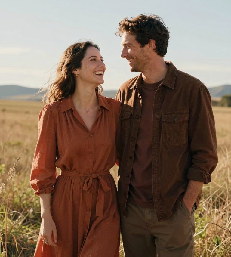 A lifestyle portrait of a couple standing together in a sun-drenched North American field. They are looking at each other and laughing naturally, dressed in warm terracotta and deep brown tones. The composition is cinematic and storytelling-focused.