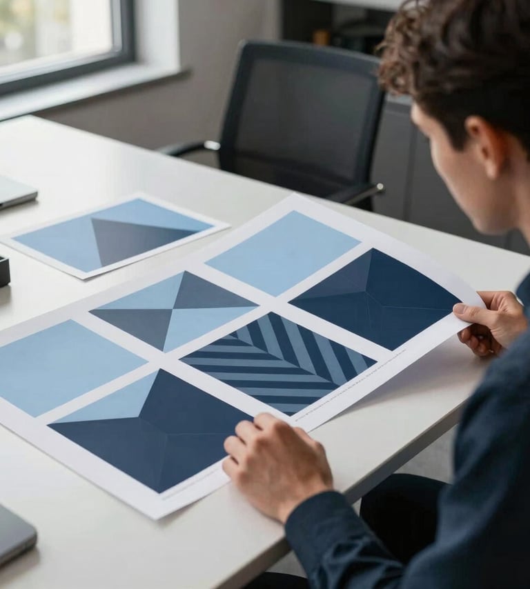A high-end designer workspace in a modern International / Western office. On a clean desk, a professional sits reviewing high-quality printed brand assets featuring soft sky blue and dark charcoal navy geometric patterns. Bright natural lighting from a side window.