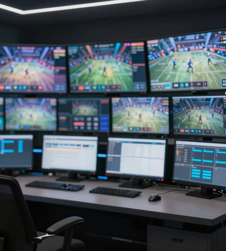 A sophisticated broadcast control room with multiple high-resolution monitors displaying live esports competition. The room is dimly lit with professional equipment in #1F2E3A, highlighting a clean, modern production environment with glowing blue status lights.