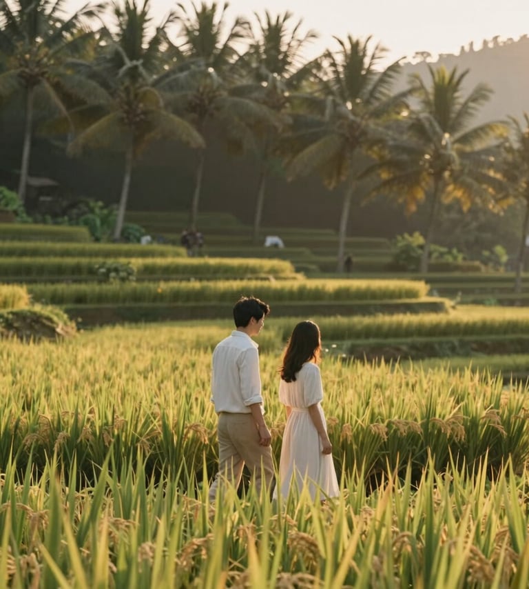 A serene, candid shot of a couple walking through lush rice terraces at golden hour. The sunlight is soft and ethereal, casting a warm glow. The palette features #F8F5EF in their light clothing and #7B6654 in the deep shadows of the palms. Minimalist and elegant style.