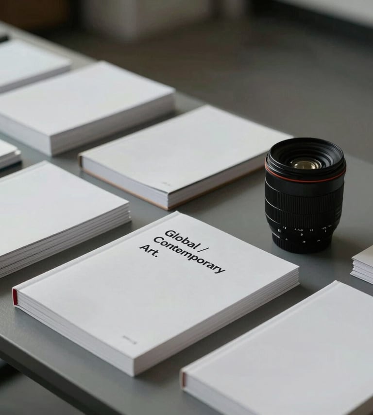 A mid-shot of a curator's desk with neatly stacked white journals and a single camera lens. Highly organized and architectural layout. Soft gray and dark gray tones, Global / Contemporary Art.