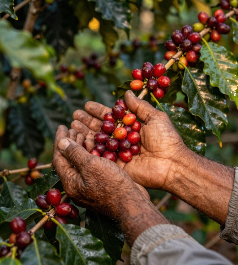 A medium shot of a South American / Latin farmer's weathered hands gently cupping a cluster of ripe, bright red coffee cherries on a branch, surrounded by deep forest green leaves, warm natural golden hour lighting, authentic craftsmanship feel.
