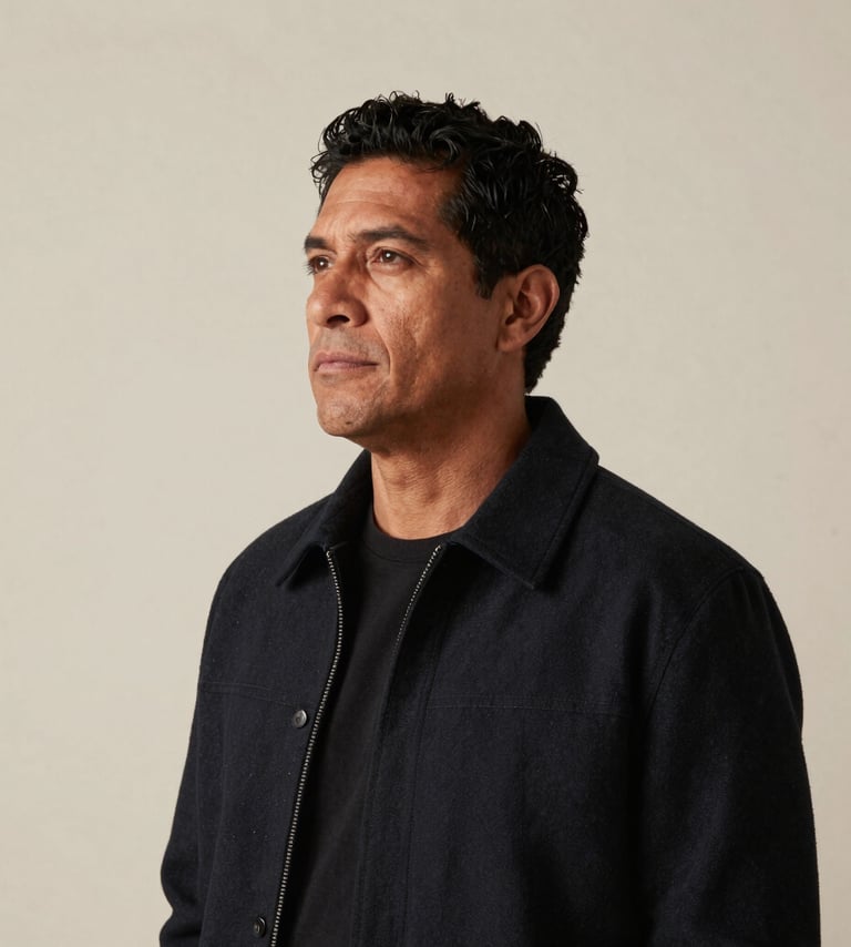 A professional medium-shot photography portrait of a South American man with a thoughtful and soulful expression, wearing a stylish dark jacket, standing against a minimalist cream wall, soft sophisticated lighting, contemporary and authentic.