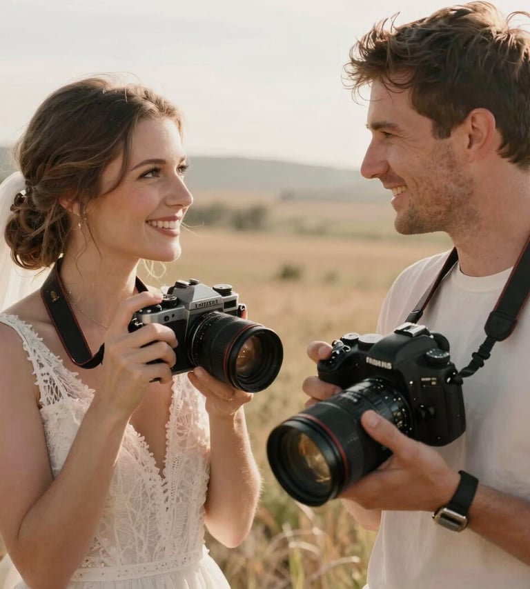 A professional married couple holding cameras, smiling at each other in a sun-drenched North American / US outdoor setting. One holds a vintage-style camera, the other a modern DSLR. Warm lighting, artistic soft focus, featuring muted rose and off-white tones.