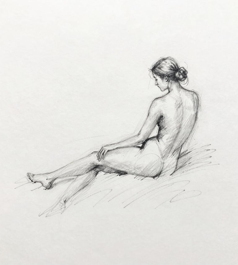 An elegant overhead shot of charcoal sketches on #F9F8F7 paper. The sketches show the initial movement and flow planned for the 'Ethereal Echoes' piece. The composition is clean and minimalist, highlighting the raw beginning of a personal story.