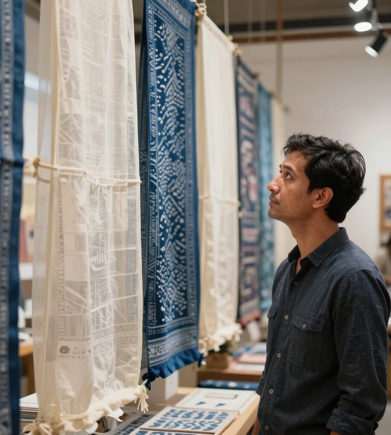 A professional portrait of a designer looking thoughtfully at a hanging textile installation. The installation consists of translucent ivory fabrics layered with deep indigo patterns, set within a bright, airy East Asian / South Asian influenced for a global luxury audience atelier.