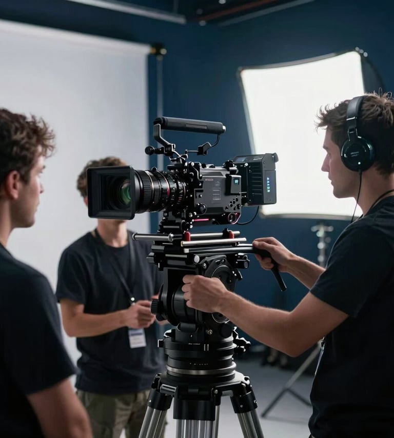 A high-end cinematic production set in a North American studio. A professional camera crew is operating a large gimbal system. Sophisticated lighting design with cool navy tones and bright highlights, creating a professional and innovative mood.