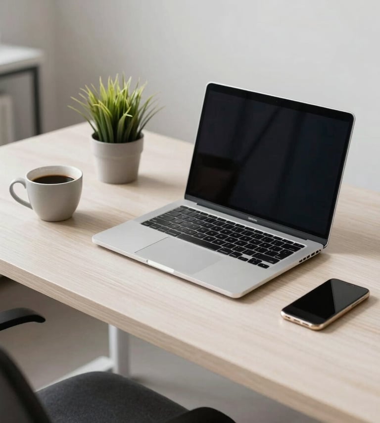 A clean, minimalist workspace in a South American office. A sleek laptop, a ceramic cup of coffee, and a small plant sit on an off-white wooden desk. Bright and airy atmosphere with soft natural light.